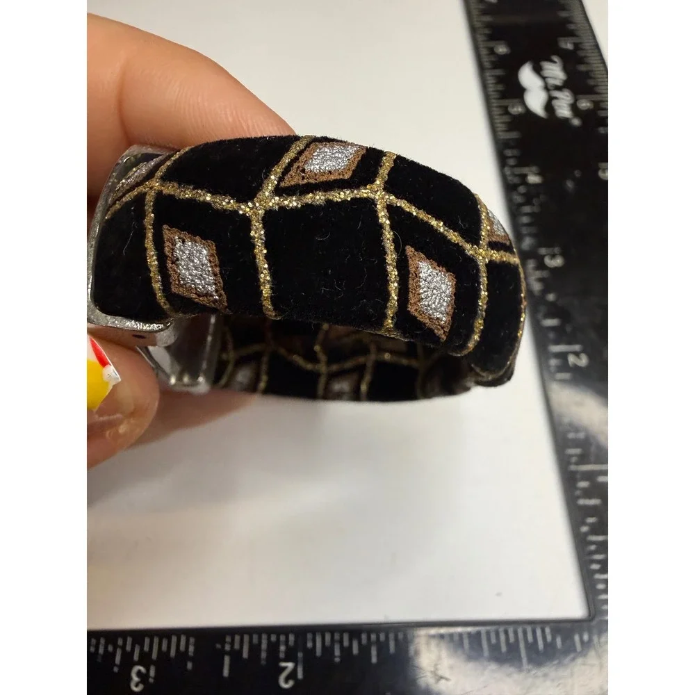Denacci Quartz Watch Black Silver Geometric Velvet Cuff Bracelet Japan Movt